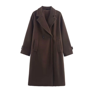 Close-up detail of dark brown wool coat featuring classic notched lapels and double-breasted buttons