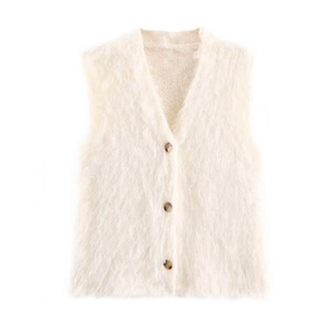 Gilet sans manches femme en maille pelucheuse crème, col V et boutons marbrés