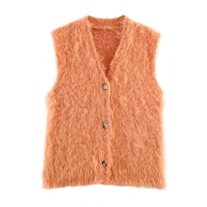 Gilet en maille peluche orange à col en V avec boutons élégants pour femmes à la mode