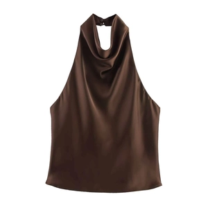 Detail of deep brown satin halter top featuring a cowl neck and silk-like texture