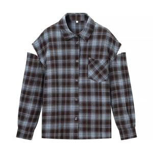 Women's Retro Plaid Long Sleeve Shirt Loose Fit Shoulder Cutout Button Up Blouse Casual Lapel Top For Commuting Streetwear