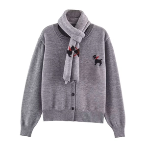 Gray knitted cardigan and scarf set featuring embroidered Scottish terrier designs