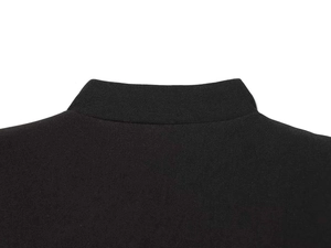 Detailed view of black blazer mandarin collar with premium twill fabric texture