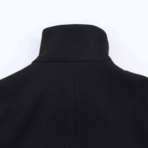 Close-up detail of the stand collar and fine wool texture on this black short jacket