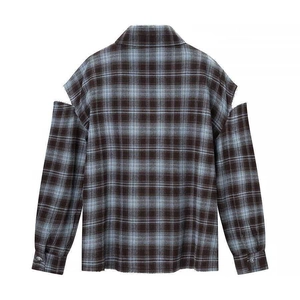 Retro plaid long sleeve shirt with unique shoulder cut-outs in sky blue and brown check