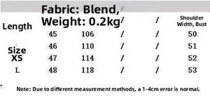 Size chart for burgundy satin shirt showing fabric blend, weight and CM measurements