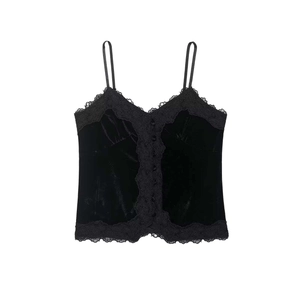 Caraco Vintage en Velours Noir Pour Femmes Avec Dentelle Col en V Sexy Bouton Bretelles Réglables Coupe Ajustée Top