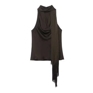 Haut Dos Nu en Satin Élégant pour Femmes Col Bénitier Blouse Sans Manches Écharpe à Glands Couleur Unie Coupe Ajustée Haut de Fête d'Été