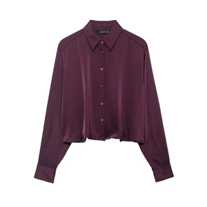 Vintage burgundy satin cropped shirt for women with long sleeves and pleated hem detail