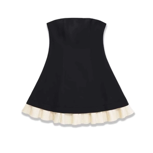 Women Sexy Strapless Patchwork Dress Summer Black Contrast Pleated Hem Mini Tube Top Dress Elegant Banquet Party Dress