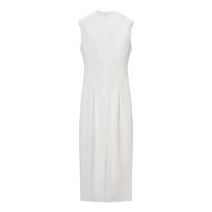 Elegant sleeveless white midi dress with a high collar and back waist pleat detailing