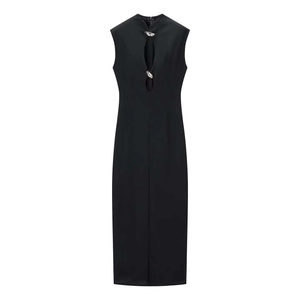 Slim fit sleeveless black midi dress with stand collar and metallic cutout details