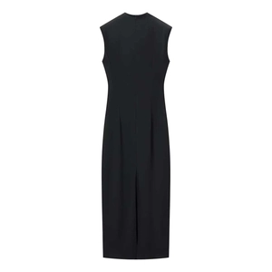 Detailed back view of a slim black sleeveless dress featuring invisible zipper and back slit