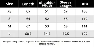 Size guide table for women black wool jacket with measurements in centimeters