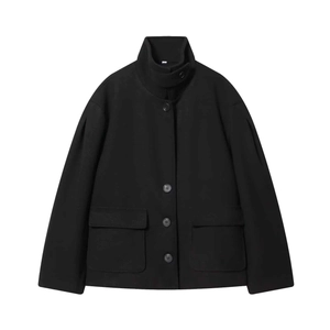 Elegant Women Black Woolen Coat Stand Collar Single Breasted Jacket Large Pockets Warm Winter Commuting Casual Outerwear