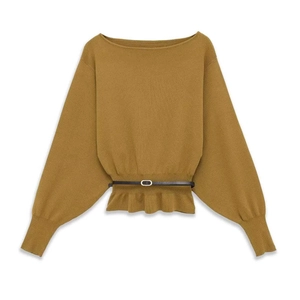Elegant mustard yellow batwing sleeve knit sweater with a slim waist belt and peplum hem