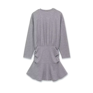Chic grey knit long sleeve dress with ruched waist and elegant ruffle hemline