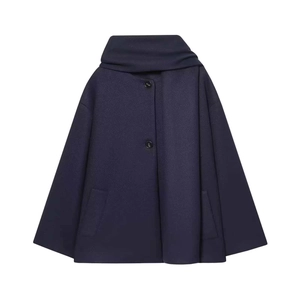 Women Vintage Navy Blue Woolen Cape Coat Scarf Collar Single Breasted Loose Mid Length Wool Mix Outerwear For Fall Winter