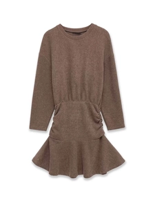Detailed close-up of brown long sleeve ribbed knit dress featuring elastic waist and ruffle hem
