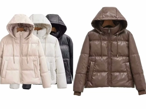 Detail view of four color options for the faux leather hooded puffer jacket in a casual style