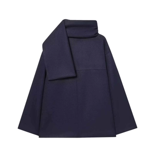 Navy blue wool coat with scarf collar in a minimalist drop shoulder silhouette