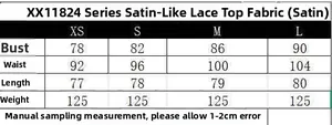 Size chart for satin lace camisole top with chest, waist, and length measurements