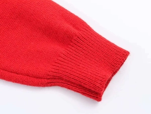 Close-up of red knit cardigan ribbed cuff showing high-quality wool fabric texture