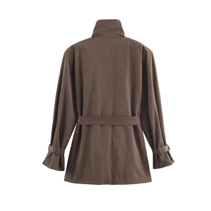 Back view of a minimalist dark brown waist-tie trench coat with a high stand collar
