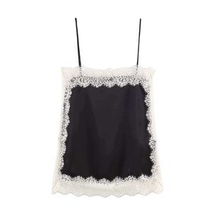 Elegant black satin camisole top with white eyelash lace trim for a stylish summer look