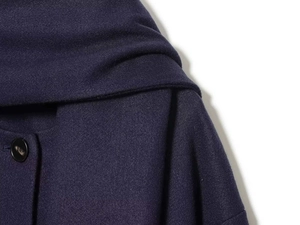 Detail of dark blue woolen coat showing textured fabric and brown button closure