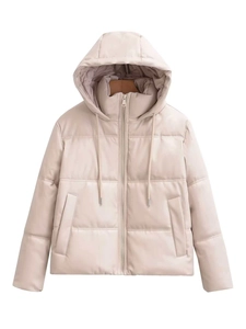 Detail of beige faux leather hooded puffer jacket with quilted seams and drawstrings