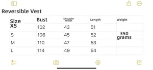 Size chart table for women reversible stand collar sleeveless vest with measurements