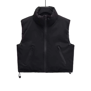 Women's black stand collar quilted vest with zipper pockets and adjustable drawstring hem