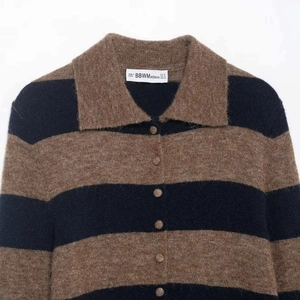Vintage brown and navy striped knit cardigan with polo collar and button front