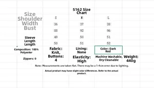 Guide des tailles pour veste en tweed rouge foncé avec mesures S M et L en cm