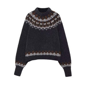 Women Vintage Fair Isle Geometric Jacquard Knitted Sweater Loose Round Neck Long Sleeve Charcoal Gray Winter Pullover Top