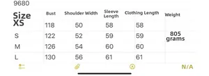 Detailed size chart for winter faux fur jacket including bust and shoulder measurements