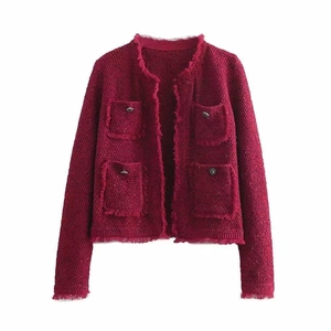 Veste en Tweed Rouge Foncé Vintage pour Femme Col Rond Manches Longues Bordure à Franges Manteau Quatre Poches Bouton en Métal