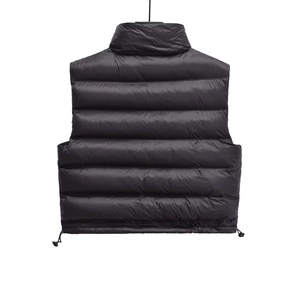 Women's black quilted puffer vest with stand collar and adjustable drawstring hem back view