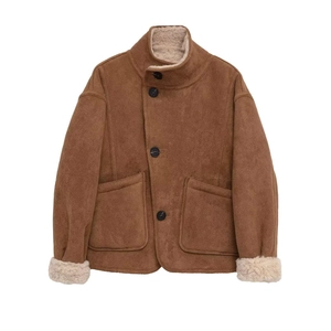 Damen Wendejacke in Braun aus Wildlederimitat mit warmem Fleece und hohem Kragen