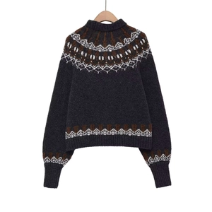 Charcoal grey Fair Isle knit sweater featuring high neck and geometric jacquard patterns