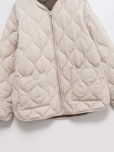 Detail of light beige quilted jacket showing front zipper and large patch pockets close-up