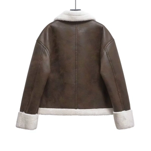 Deep brown faux suede biker jacket with white faux shearling trim and zip closure back view