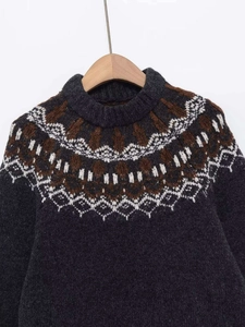 Close-up of Fair Isle jacquard pattern on charcoal grey knit sweater collar