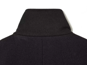Detail of the stand-up collar and premium wool texture on this black commuter coat