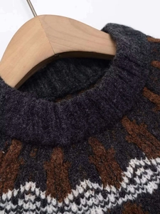 Detail of knit sweater neckline with brown and white geometric jacquard patterns