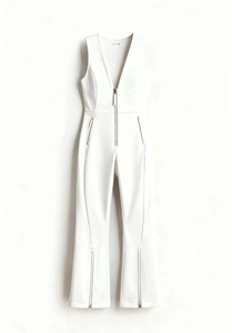 Detail view of a white sleeveless ski jumpsuit with central zipper and zip pockets