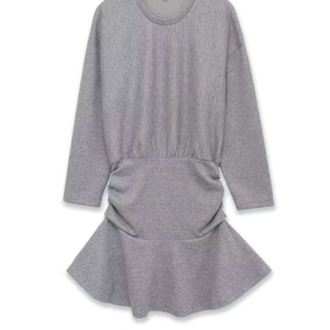 Gray long-sleeve knit dress with waist ruching and ruffled fishtail hemline