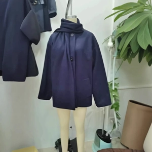 Navy blue wool cloak coat featuring a scarf collar and large buttons in an H-line silhouette