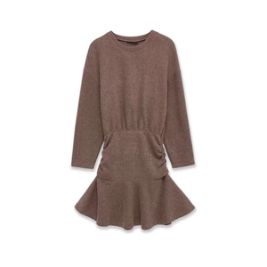Brown knit long sleeve dress with waist pleats and ruffled hem on white background